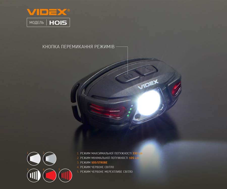 Налобний світлодіодний ліхтарик Videx 330Lm 5000K