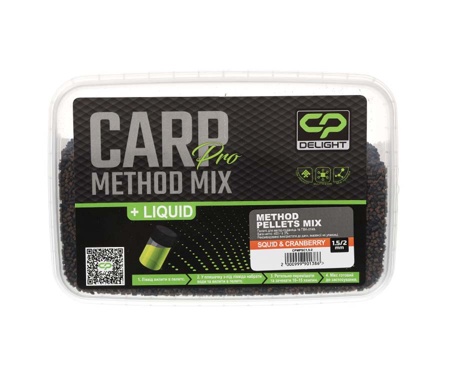 Прикормочный микс Carp Pro Delight Method Pellets Mix 1.5/2мм Squid&Cranberry + Ликвид